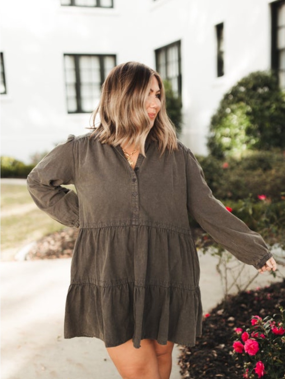 Tiered Long-Sleeve Denim Dress in Dark Gray